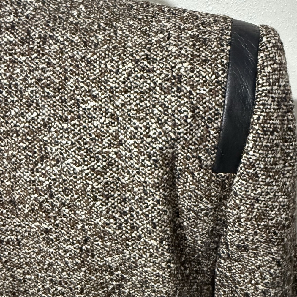 Dana Buchman Wool Blend Open Front Brown Tweed Blazer Black Leather Trim Size 8 - Picture 5 of 11